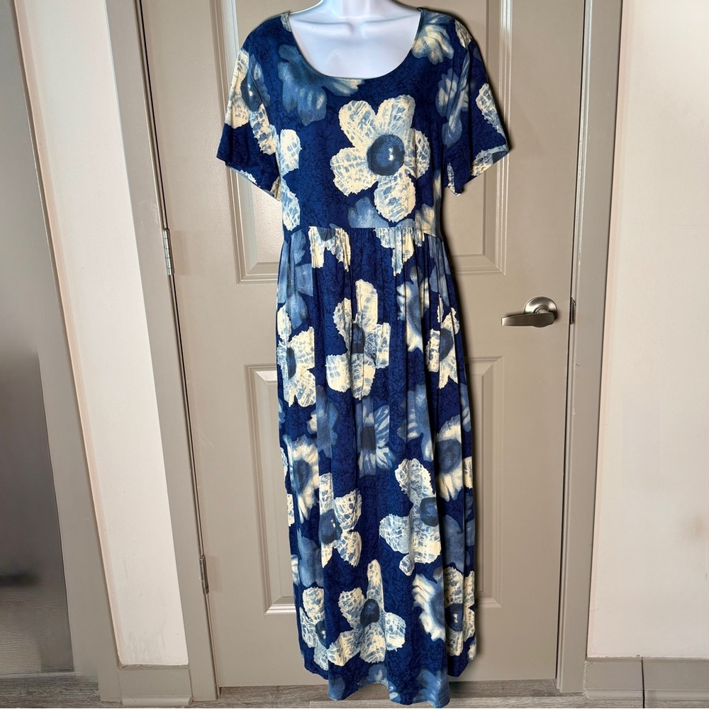 Vintage Maxi Dress XXL Blue Floral Bold Print Tie Waist Boho 90s - Picture 1 of 6